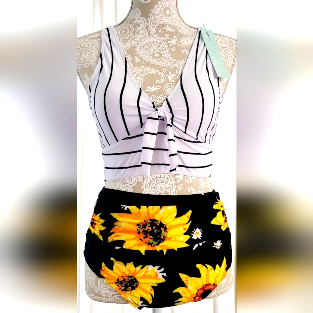 High Waisted Sunflower Halter Top Bikini Set